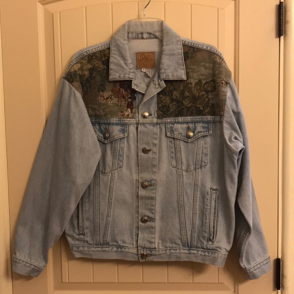 Vintage Jean Jacket with Brocade Hunt Scene.